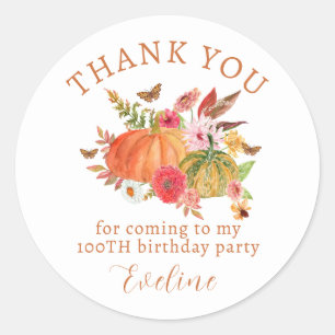 Pumpkin Fall Wildflower Floral 100th Birthday Classic Round Sticker