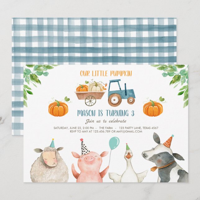 Pumpkin Farm Barnyard Fall Boy Party Birthday Invitation (Front/Back)