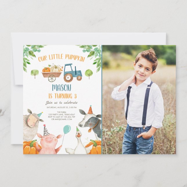 Pumpkin Farm Barnyard Fall Boy Party Birthday Invitation (Front)