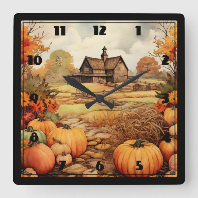 Pumpkin Farm Fall Harvest Thanksgiving Square Wall Clock (Front)