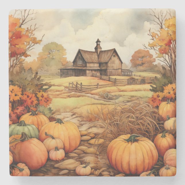 Pumpkin Farm Fall Harvest Thanksgiving Stone Coaster (Front)