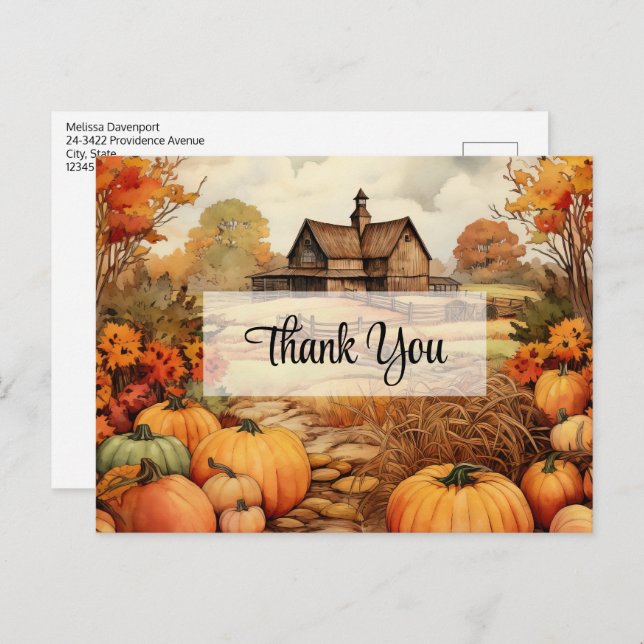Pumpkin Farm Fall Harvest Thanksgiving Thank You Postcard (Front/Back)
