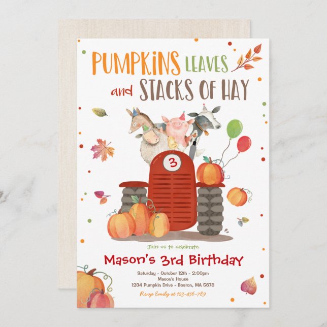 Pumpkin Farm Party Pumpkin Tractor Birthday Party Invitation (Front/Back)