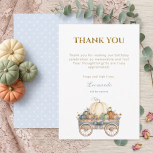 Pumpkin First Birthday Blue Boy Thank You Card