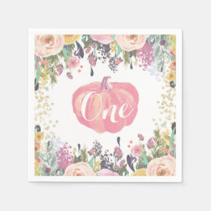 Pumpkin First Birthday Floral Gold Glitter Napkin