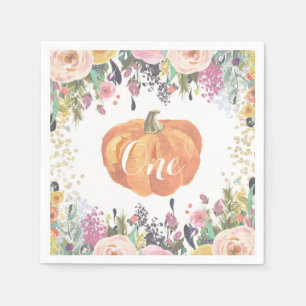 Pumpkin First Birthday Floral Gold Glitter Napkin