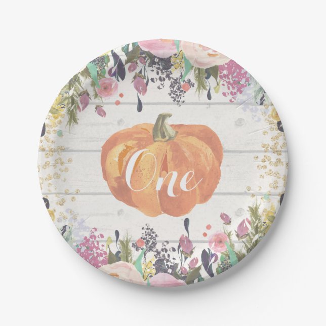 Pumpkin First Birthday Floral Gold Paper Plates (Front)