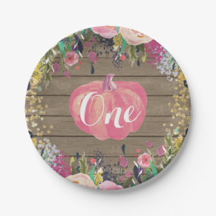 Pumpkin First Birthday Floral Gold Paper Plates