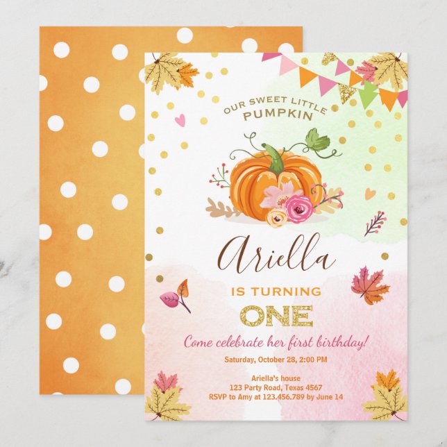 Pumpkin First birthday invitation Autumn Fall Pink (Front/Back)