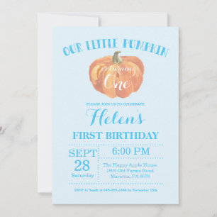 Pumpkin First Birthday Invitation Blue