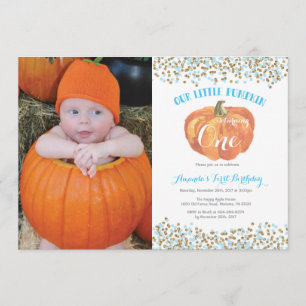 Pumpkin First Birthday Invitation Blue and Gold
