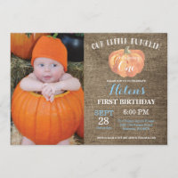 Pumpkin First Birthday Invitation Blue Burlap