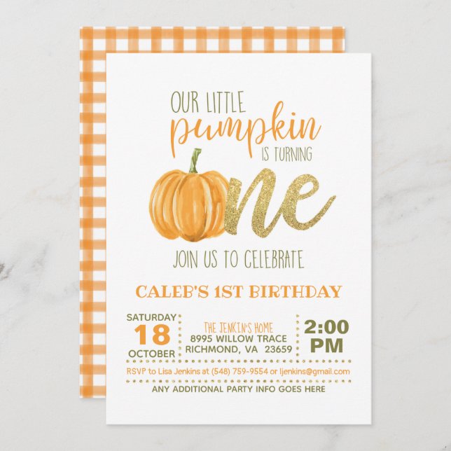 Pumpkin First Birthday Invitation - Boy #3 (Front/Back)
