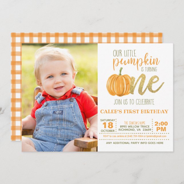 Pumpkin First Birthday Invitation for Boy w/Photo (Front/Back)