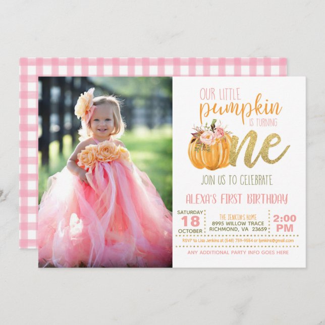 Pumpkin First Birthday Invitation for Girl w/Photo (Front/Back)