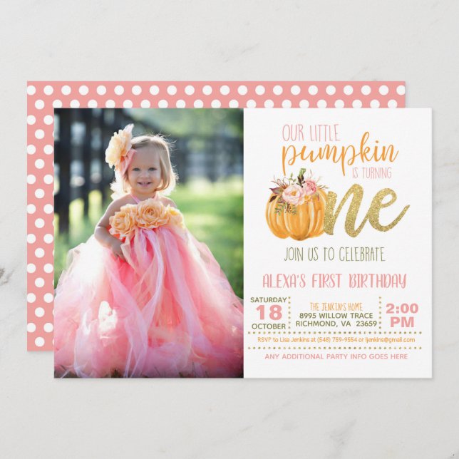 Pumpkin First Birthday Invitation for Girl w/Photo (Front/Back)