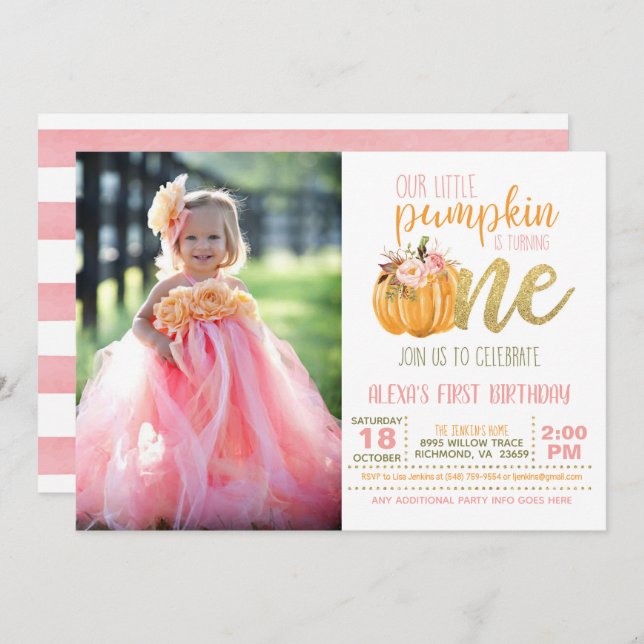 Pumpkin First Birthday Invitation for Girl w/Photo (Front/Back)