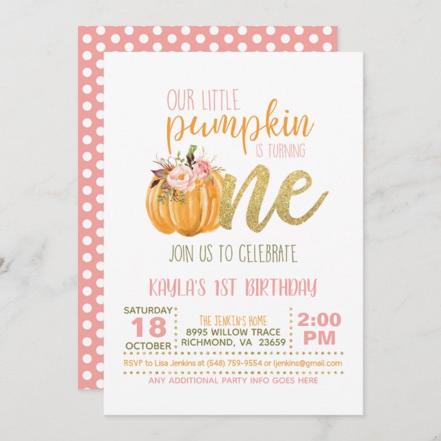 Pumpkin First Birthday Invitation - Girl #2 (Front/Back)