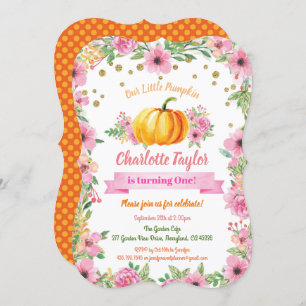 Pumpkin first birthday invitation girl floral