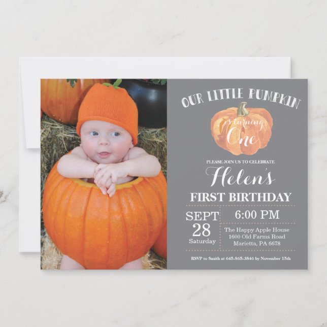 Pumpkin First Birthday Invitation Grey (Front)