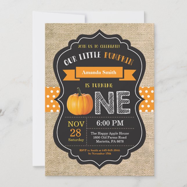 Pumpkin First Birthday Invitation Orange Burlap (Front)