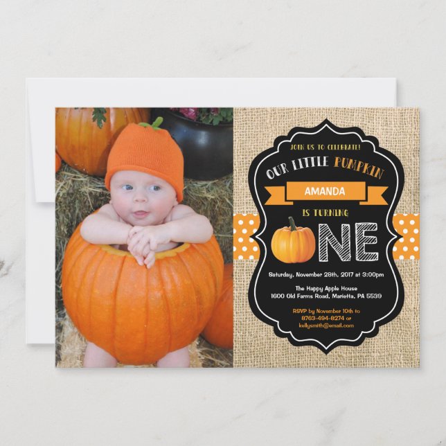 Pumpkin First Birthday Invitation Orange Burlap (Front)