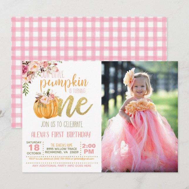 Pumpkin First Birthday Invitation Photo - FLP Girl (Front/Back)