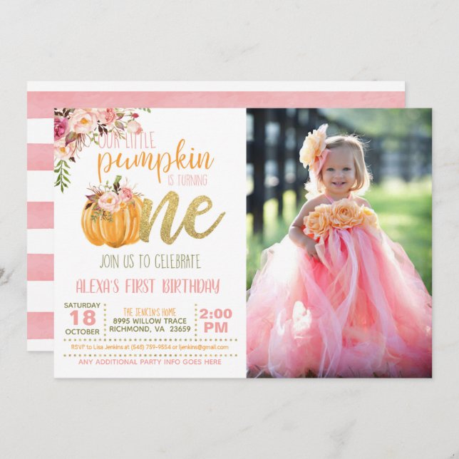 Pumpkin First Birthday Invitation Photo - FLS Girl (Front/Back)