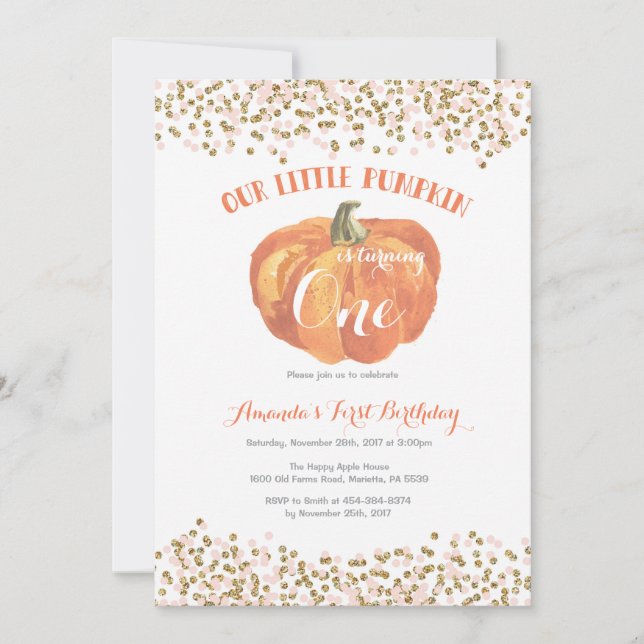 Pumpkin First Birthday Invitation Pink and Gold (Front)