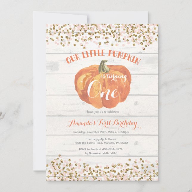 Pumpkin First Birthday Invitation Pink and Gold (Front)