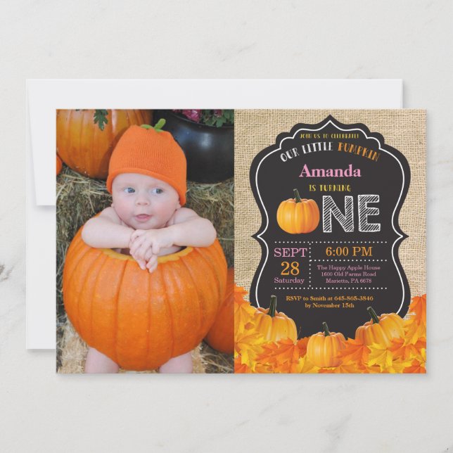 Pumpkin First Birthday Invitation Pink Burlap (Front)