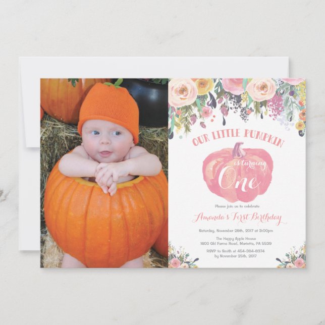 Pumpkin First Birthday Invitation Pink Floral (Front)