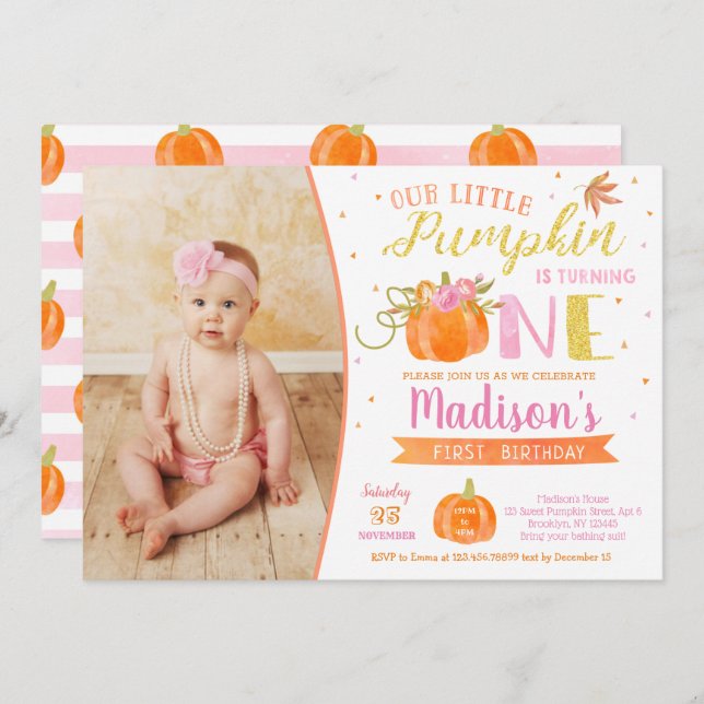 Pumpkin First Birthday Invitations Autumn Fall (Front/Back)