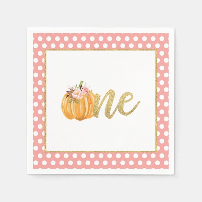 Pumpkin First Birthday Napkin - Girl Pink Dots (Front)