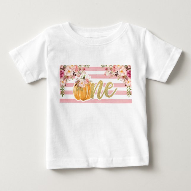 Pumpkin First Birthday ONE Shirt - Floral Stripes (Front)