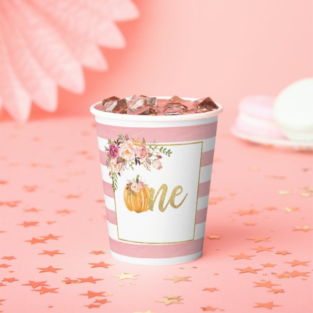 Pumpkin First Birthday Paper Cup - Floral Pink Str (Insitu)