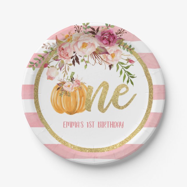 Pumpkin First Birthday Paper Plate - Floral St C (Front)