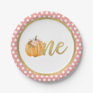 Pumpkin First Birthday Paper Plate - Pink Dots