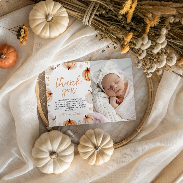 Pumpkin First Birthday Photo Thank You Invitation (Creator Uploaded)