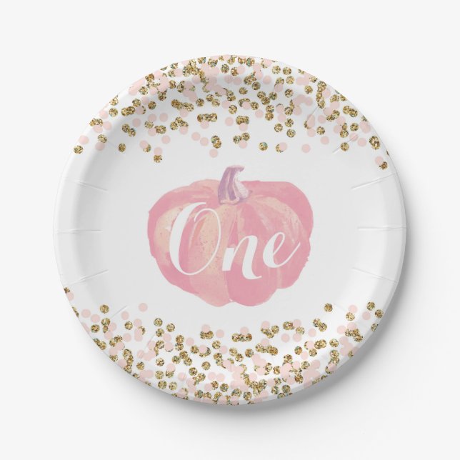 Pumpkin First Birthday Pink and Gold Paper Plates (Front)