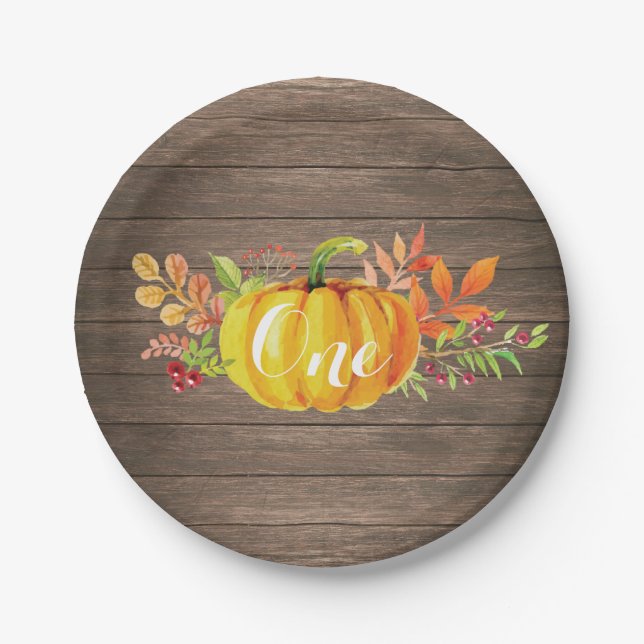 Pumpkin First Birthday Rustic Fall Autumn Paper Plate (Front)