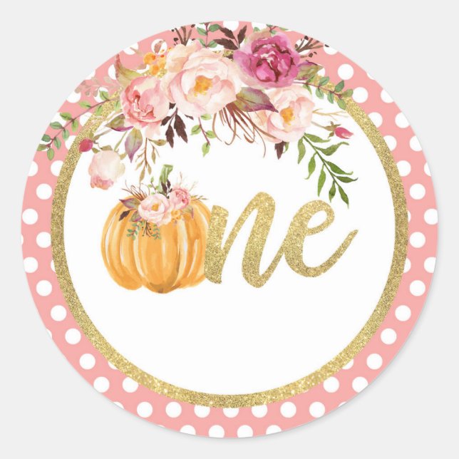 Pumpkin First Birthday Sticker - Floral Dots (Front)