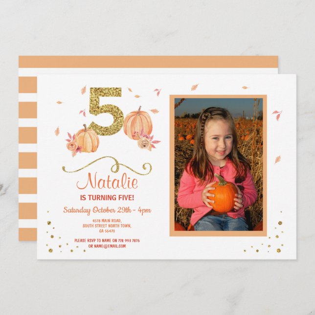 Pumpkin FIVE Birthday 5TH Fall Party Photo Invite (Front/Back)