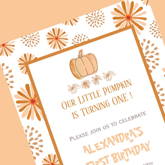 Pumpkin Floral Autumn Fall Halloween 1st birthday Invitation (Halloween-1st-birthday-Invitation-Pumpkin-Floral-Autumn Fall-orange-1)