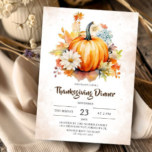 Pumpkin Floral Autumn Leaves Thanksgiving Dinner Invitation