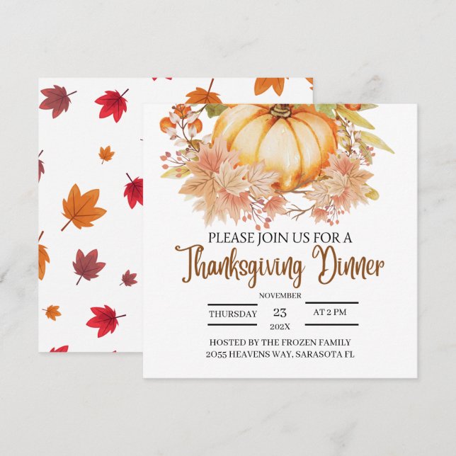 Pumpkin Floral Autumn Leaves Thanksgiving Dinner Invitation (Front/Back)