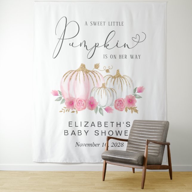 Pumpkin Floral Baby Girl Shower Photo Booth Tapestry (In Situ)