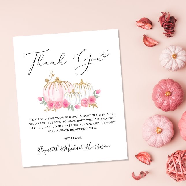 Pumpkin Floral Baby Girl Shower Thank You Card (Creator Uploaded)