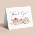 Pumpkin Floral Baby Girl Shower Thank You Card<br><div class="desc">Elegant thank you card for your baby girl shower featuring "Thank You" in a stylish script with a heart swash and watercolors of pink and white pumpkins and floral bouquets. On the inside, personalise your thank you message in simple modern typography and add your names in a signature-like script, or...</div>