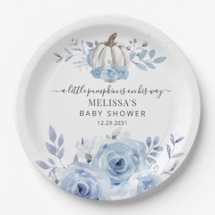 Pumpkin Floral Baby Shower Dusty Blue Paper Plate